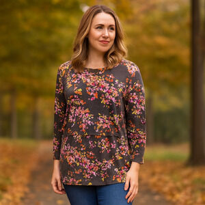 J. Jill Tunic Blouse Women's LARGE Petite Layered Brown Floral Top Career Casual